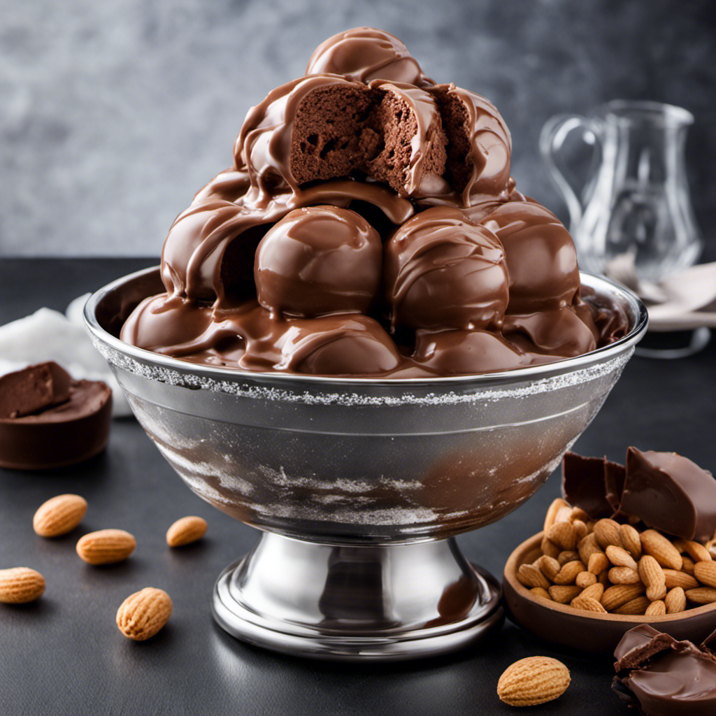 An image of a stainless steel mixing bowl filled with creamy chocolate peanut butter ice cream base, surrounded by a thick layer of ice cubes