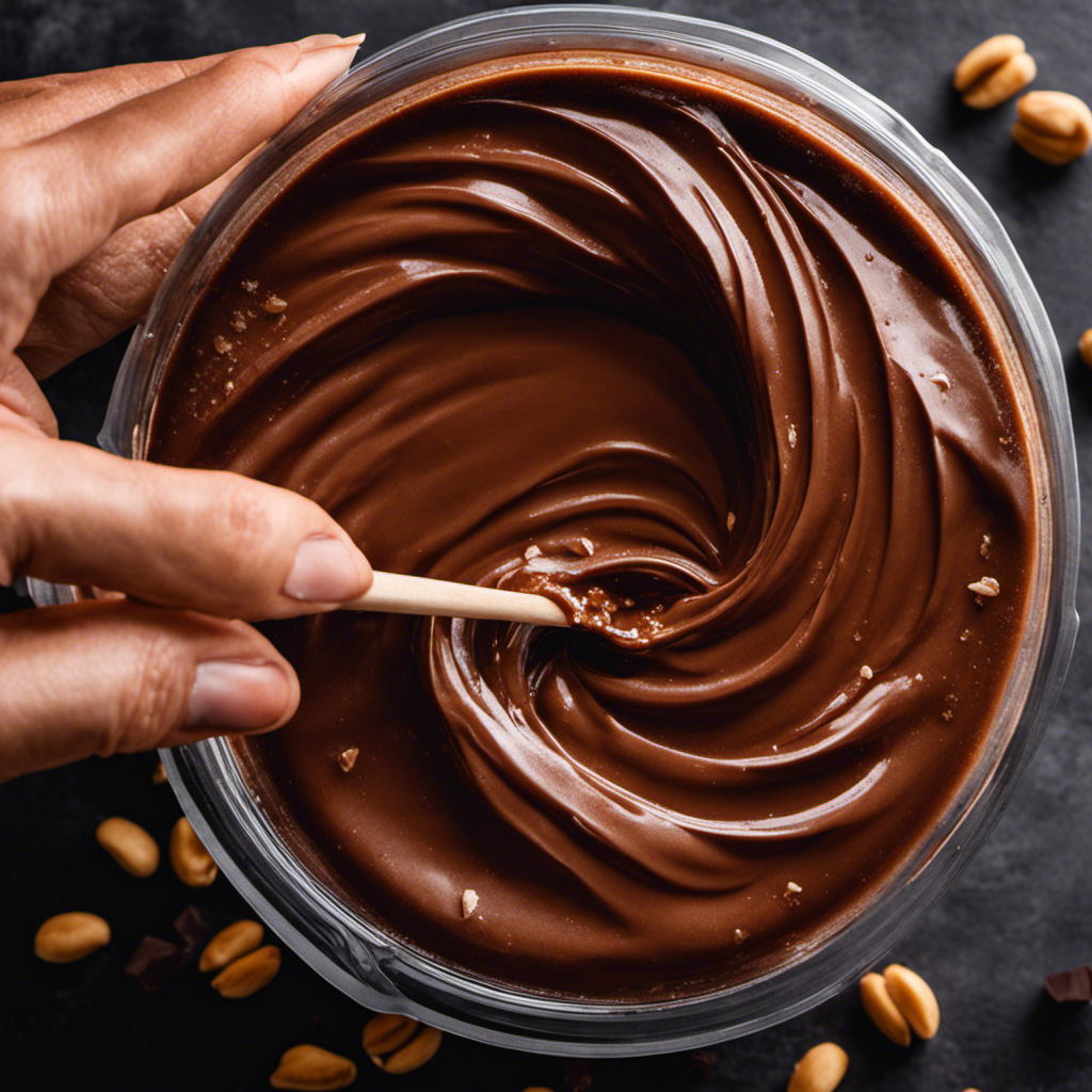 An image featuring a pair of hands gently pouring the velvety chocolate peanut butter mixture into a freezer-safe container