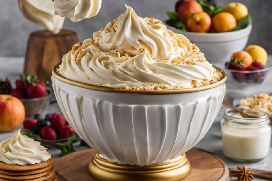An image showcasing a smooth, velvety icing being whipped up in a mixing bowl, using luscious ingredients like cream cheese, powdered sugar, and vanilla extract