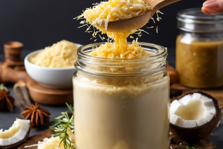 An image showcasing a Magic Butter Maker in action: a mesmerizing blend of shredded coconut swirling in a glass jar filled with rich, golden melted coconut butter, infused with aromatic herbs and spices
