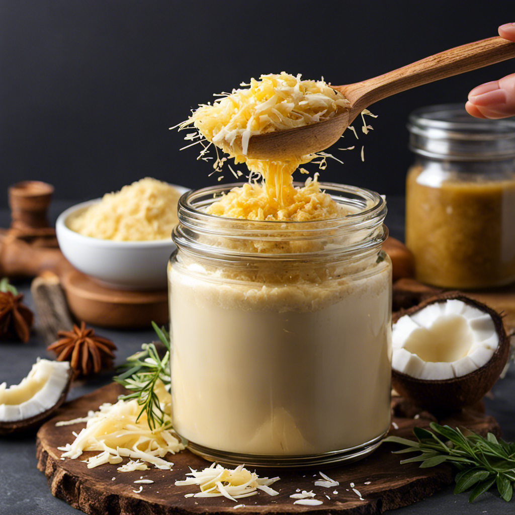 An image showcasing a Magic Butter Maker in action: a mesmerizing blend of shredded coconut swirling in a glass jar filled with rich, golden melted coconut butter, infused with aromatic herbs and spices