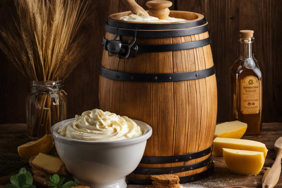 An image capturing a rustic wooden churn filled with fresh cream, while a skilled hand rhythmically plunges the dasher, transforming the liquid into rich, golden Irish butter