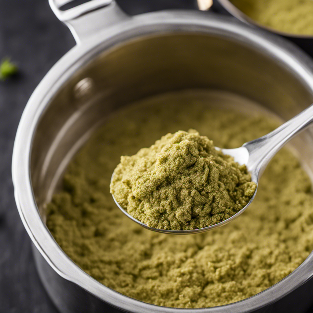 An image showcasing a step-by-step guide on making kief butter: a close-up of finely ground cannabis kief being gently mixed with melted butter in a simmering saucepan, releasing aromatic vapors
