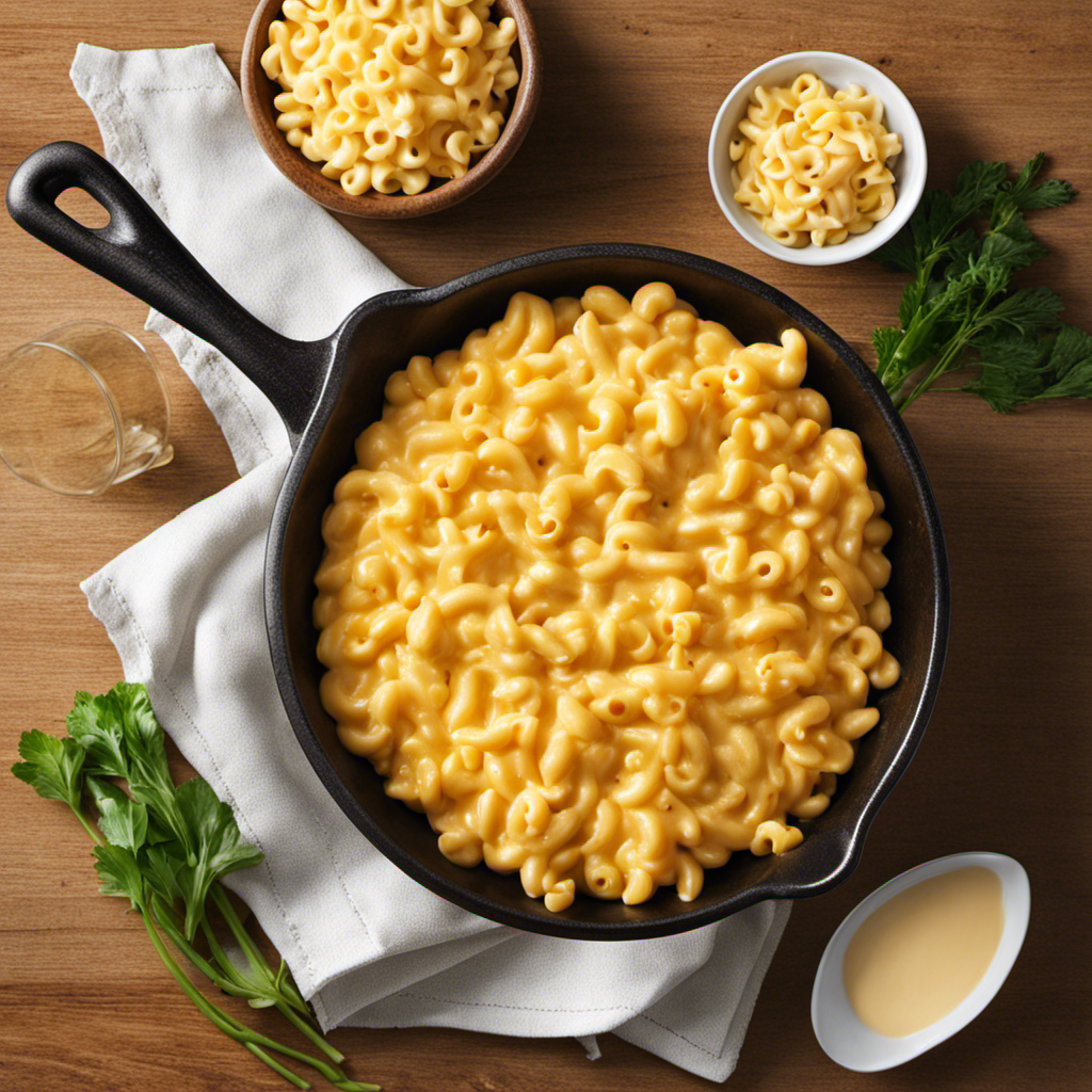 An image showcasing a stovetop scene with a pot of creamy Kraft Mac and Cheese simmering, as a spoonful of smooth cheese sauce is poured in, sans milk or butter