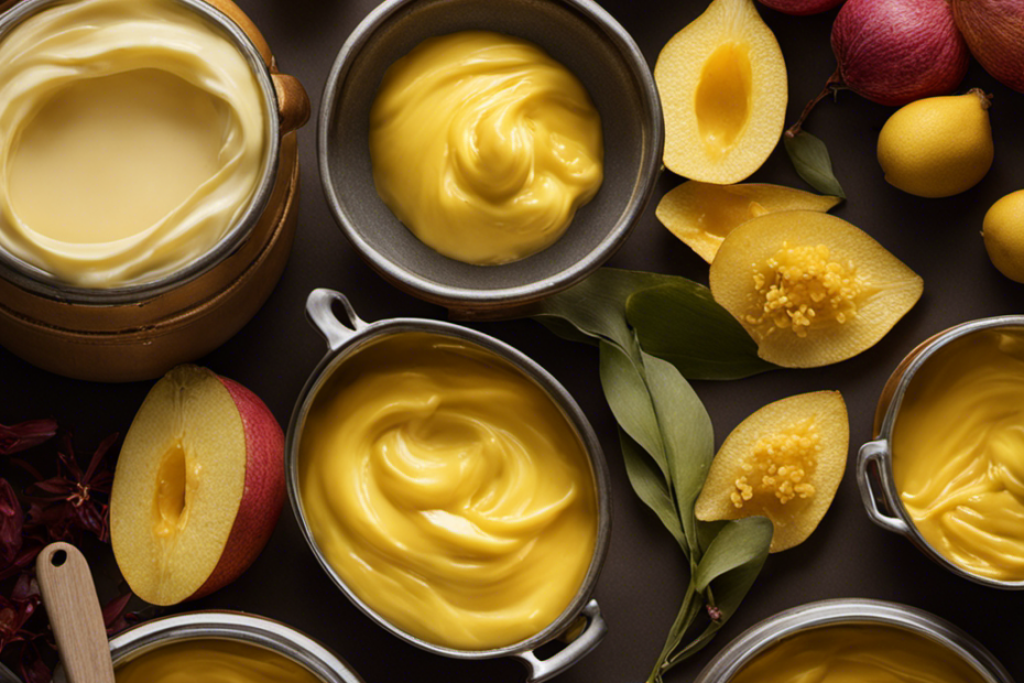An image showcasing the vibrant process of making Lilikoi Butter: a golden pot simmering with ripe lilikoi fruit, their tangy yellow pulp swirling with creamy butter, a hint of steam rising
