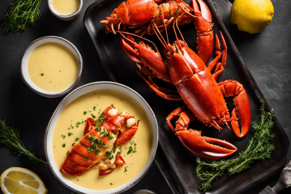 An image capturing the process of making lobster butter sauce: a simmering pot on a sleek stovetop, rich creamy butter melting, succulent lobster tails being added, and fragrant herbs sprinkled, exuding an irresistible aroma
