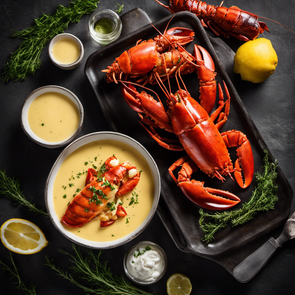 An image capturing the process of making lobster butter sauce: a simmering pot on a sleek stovetop, rich creamy butter melting, succulent lobster tails being added, and fragrant herbs sprinkled, exuding an irresistible aroma