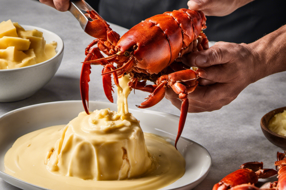An image showcasing the art of making lobster butter: a close-up shot of a pair of expert hands skillfully breaking open a fresh lobster, delicately extracting its succulent meat, and blending it into a rich, creamy butter