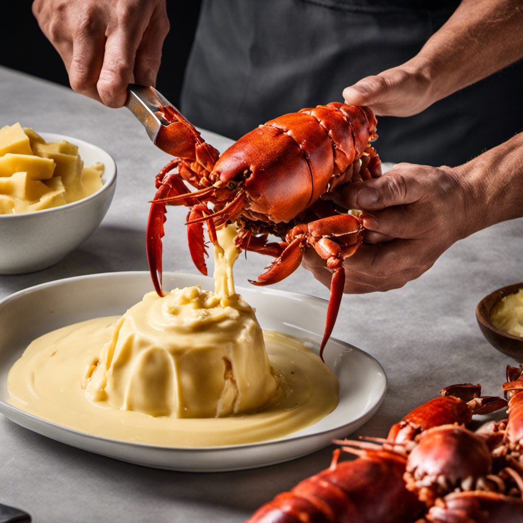 An image showcasing the art of making lobster butter: a close-up shot of a pair of expert hands skillfully breaking open a fresh lobster, delicately extracting its succulent meat, and blending it into a rich, creamy butter
