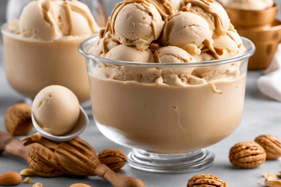 An image showcasing a creamy scoop of guilt-free peanut butter ice cream, swirling with delicate ribbons of low-calorie sweeteners, all nestled in a chilled ice cream maker