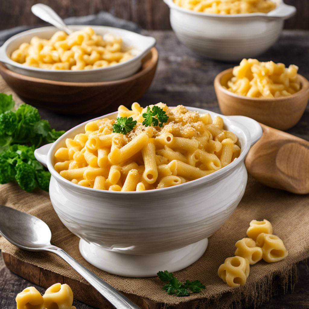 An image showcasing a creamy bowl of homemade mac and cheese, with golden, bubbling cheese cascading over al dente pasta