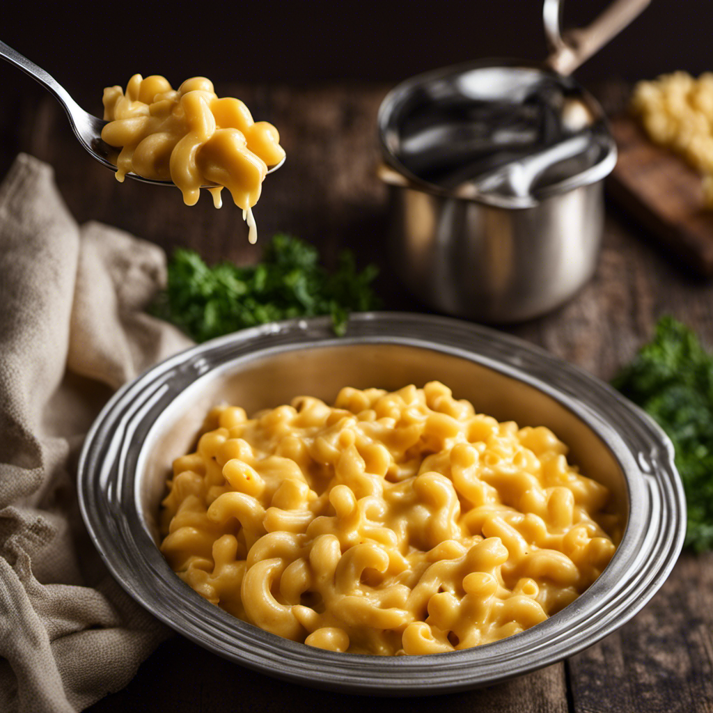 An image capturing a creamy, golden pot of homemade mac and cheese bubbling on the stove