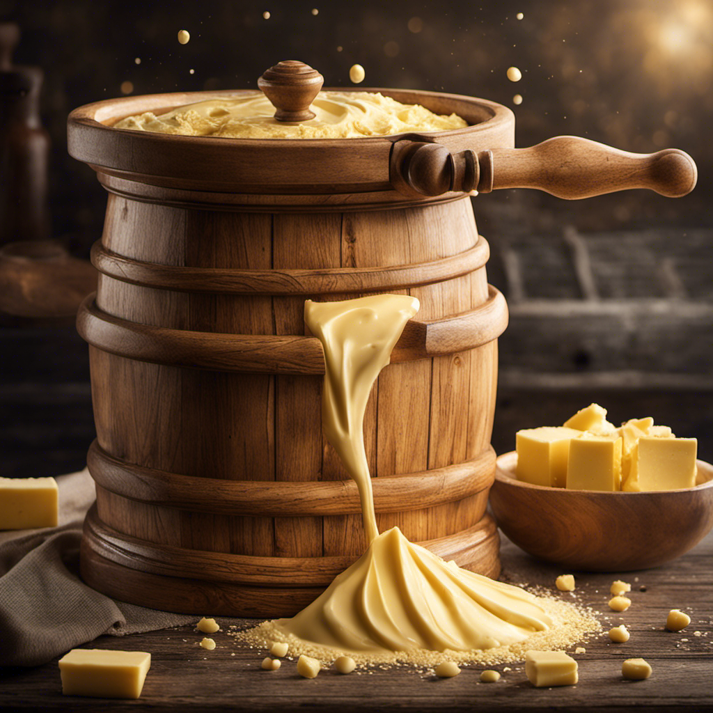 An image showcasing the magical process of making butter, capturing a pair of hands churning fresh cream in a vintage wooden churn, with golden droplets of butter forming amidst the whirling motion