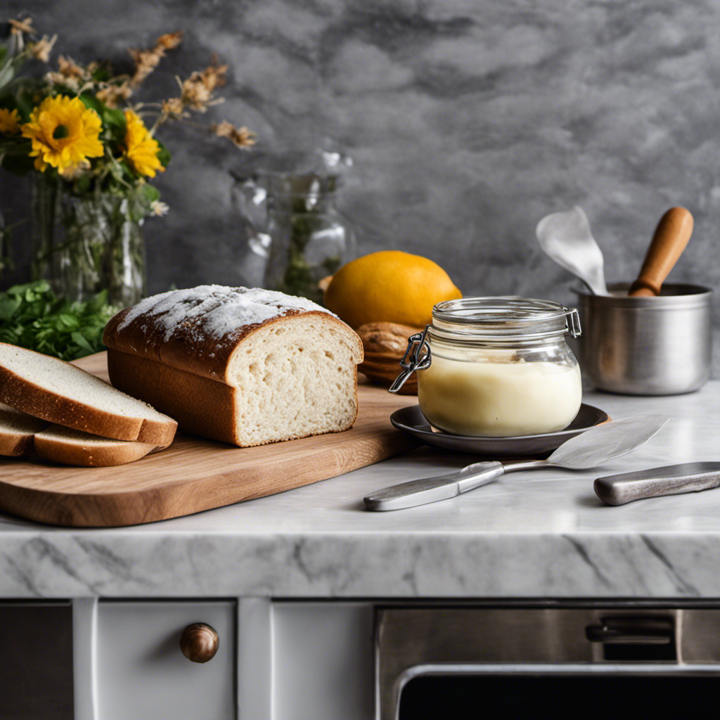 An image showcasing a serene kitchen scene, with a marble countertop holding a glass jar filled with creamy white magnesium butter