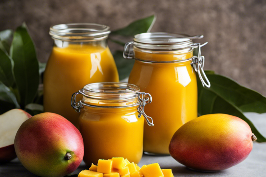 An image capturing the step-by-step process of making homemade mango butter: juicy mangoes being peeled, pureed, simmered on low heat, cooled, and poured into jars