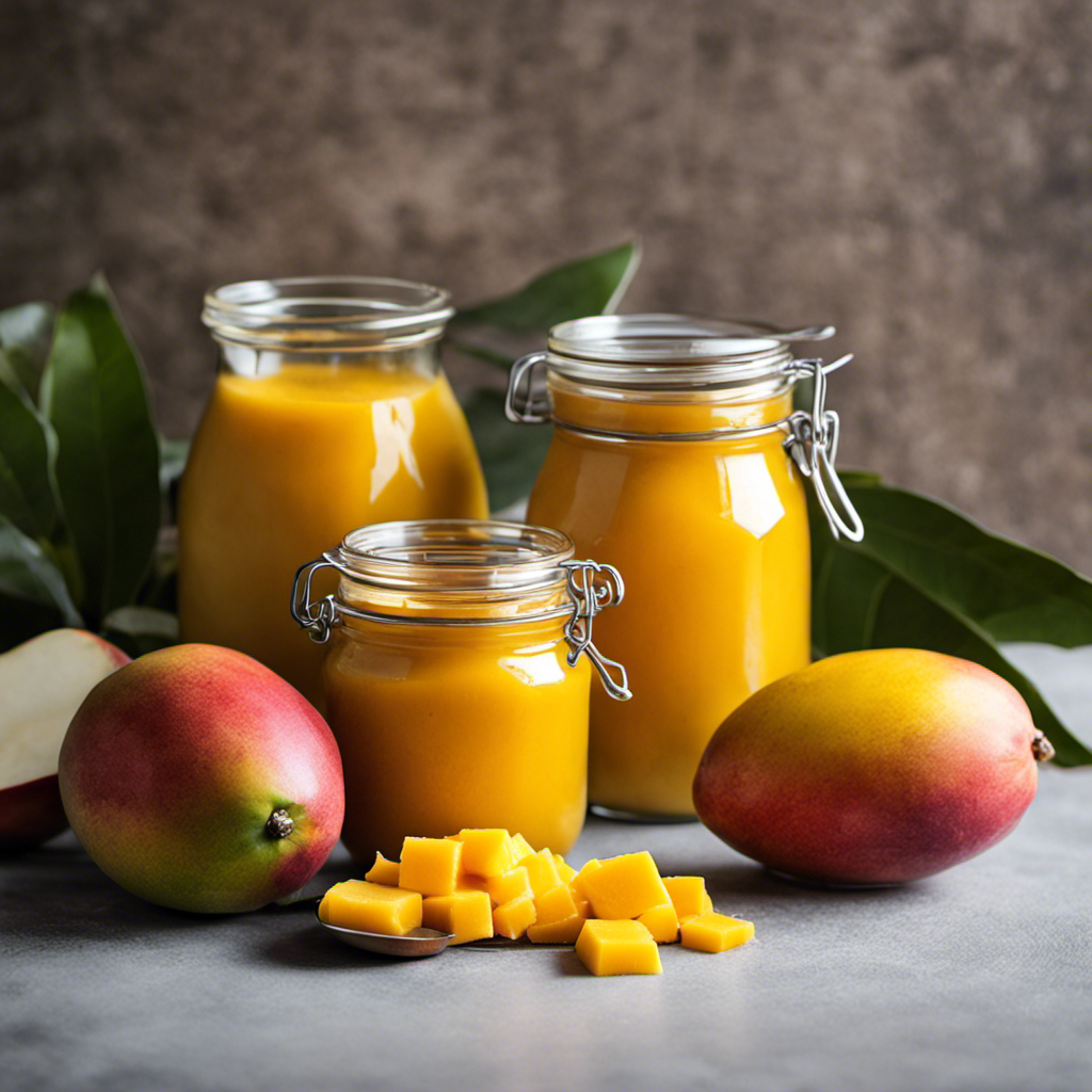 An image capturing the step-by-step process of making homemade mango butter: juicy mangoes being peeled, pureed, simmered on low heat, cooled, and poured into jars
