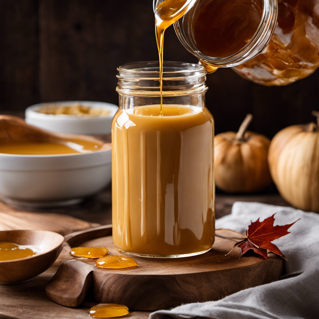 An image showcasing the step-by-step process of making maple butter: a glass jar filled with golden maple syrup pouring into a mixing bowl, a hand whisking the syrup until it thickens and becomes a creamy, luscious spread