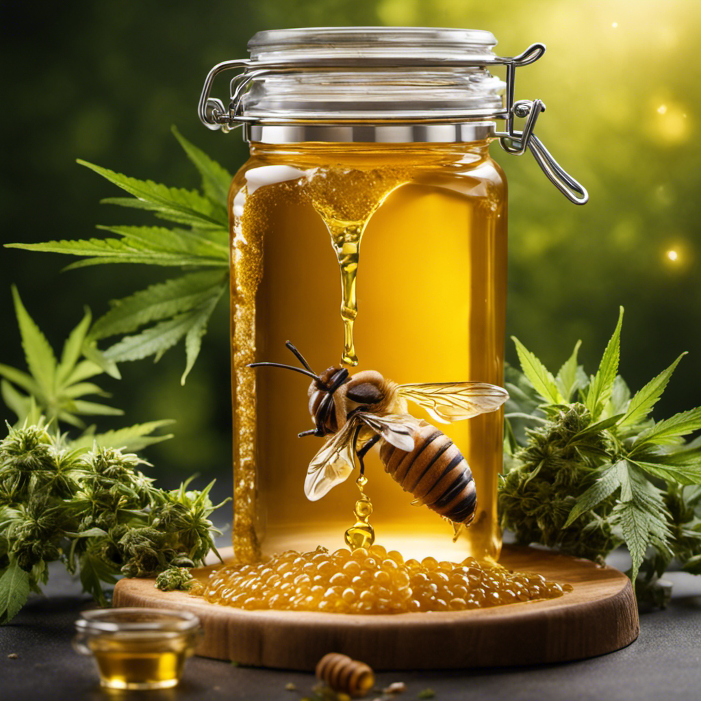An image featuring a stunning, close-up shot of a Magical Butter Maker pouring golden, infused honey into a glass jar, surrounded by vibrant green marijuana buds and a backdrop of honeycombs