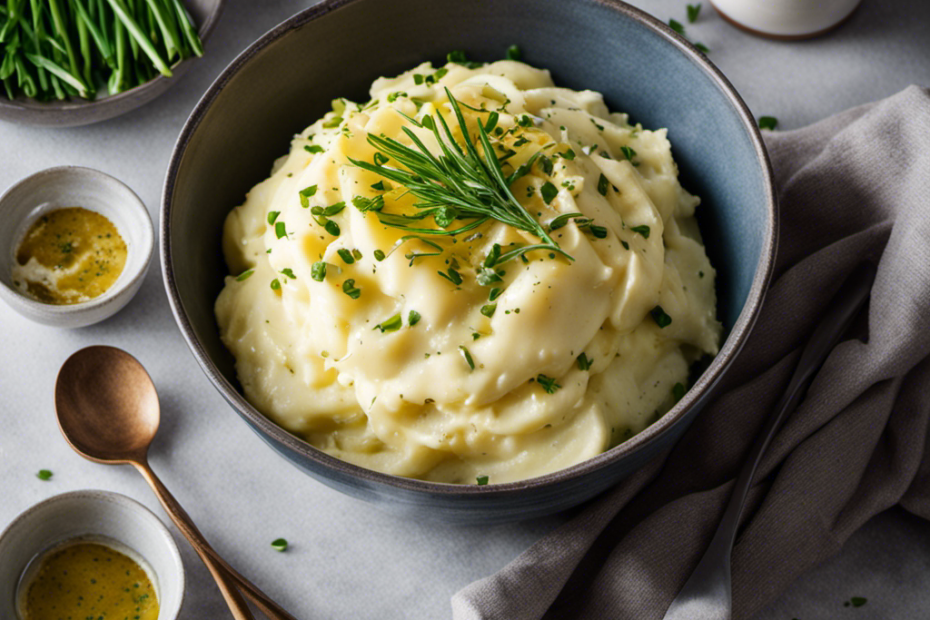 An image showcasing a steaming bowl of creamy mashed potatoes, topped with vibrant chives and a drizzle of golden olive oil