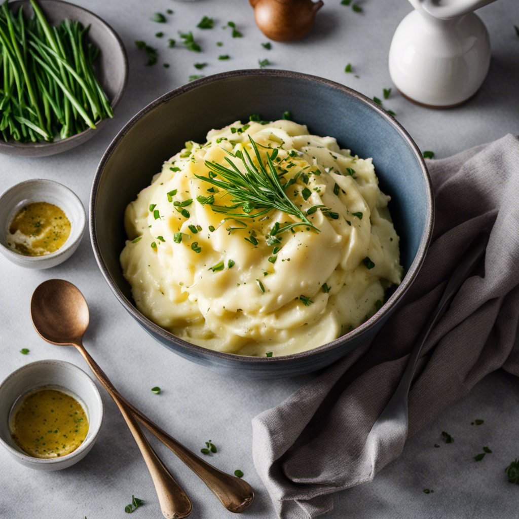 An image showcasing a steaming bowl of creamy mashed potatoes, topped with vibrant chives and a drizzle of golden olive oil