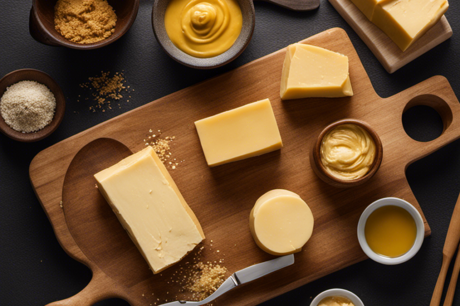 An image showcasing the process of making miso butter: a wooden cutting board covered in rich, golden miso paste, a block of creamy butter softening at room temperature, and a silver knife ready to blend them together