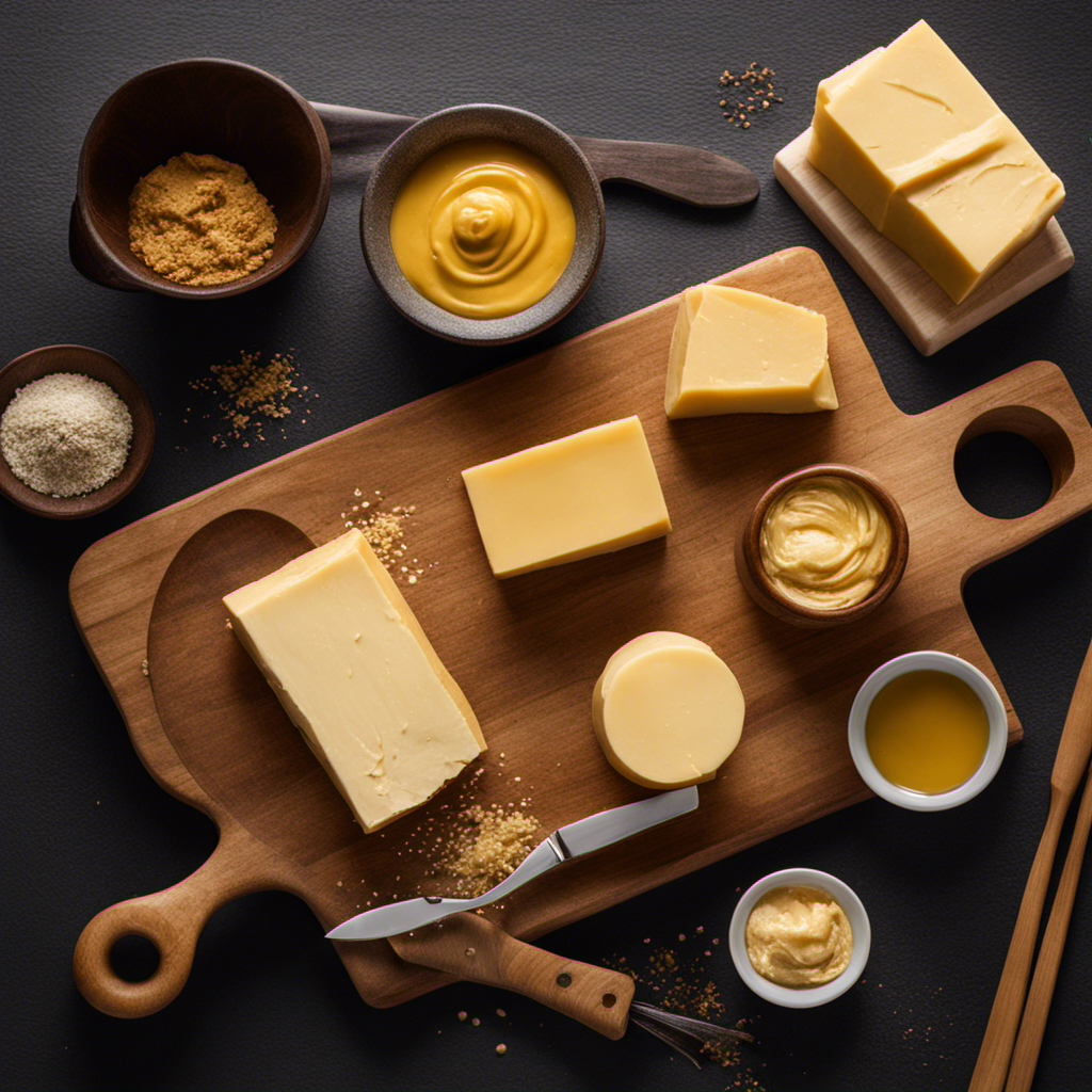 An image showcasing the process of making miso butter: a wooden cutting board covered in rich, golden miso paste, a block of creamy butter softening at room temperature, and a silver knife ready to blend them together