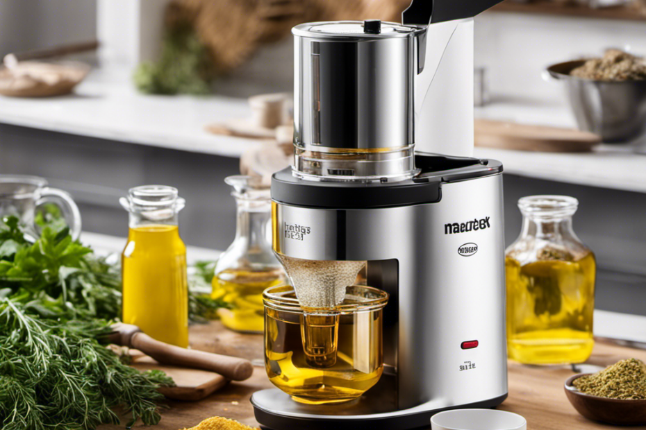 An image showcasing the step-by-step process of extracting oil using the Magic Butter Maker: pouring herbs and liquid into the machine, setting the timer, and the machine magically transforming the mixture into rich, golden oil