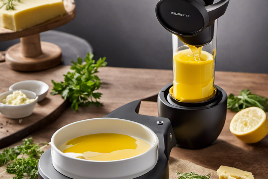 An image showcasing the step-by-step process of making oil with the Easy Butter Maker: Pour melted butter into the device, add desired herbs, close the lid, and set it in motion