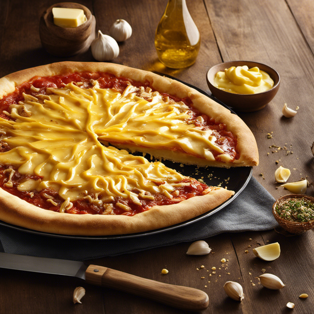An enticing image of a golden, melted butter cascading down a butter knife onto a warm, freshly baked pizza crust