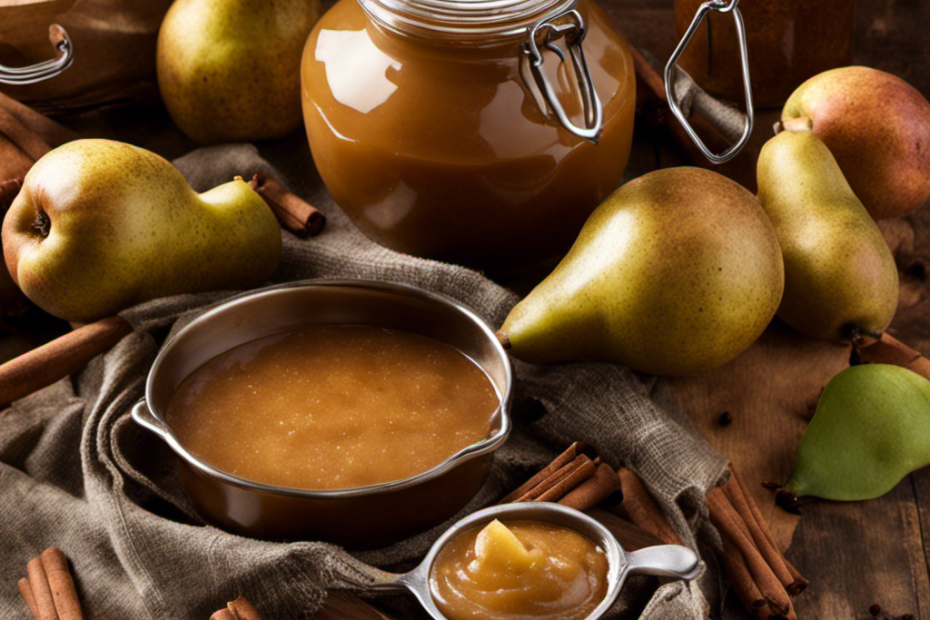 An image that showcases the step-by-step process of making pear butter, from peeling and coring ripe pears to simmering them in a pot with cinnamon sticks, capturing the rich aroma and golden color