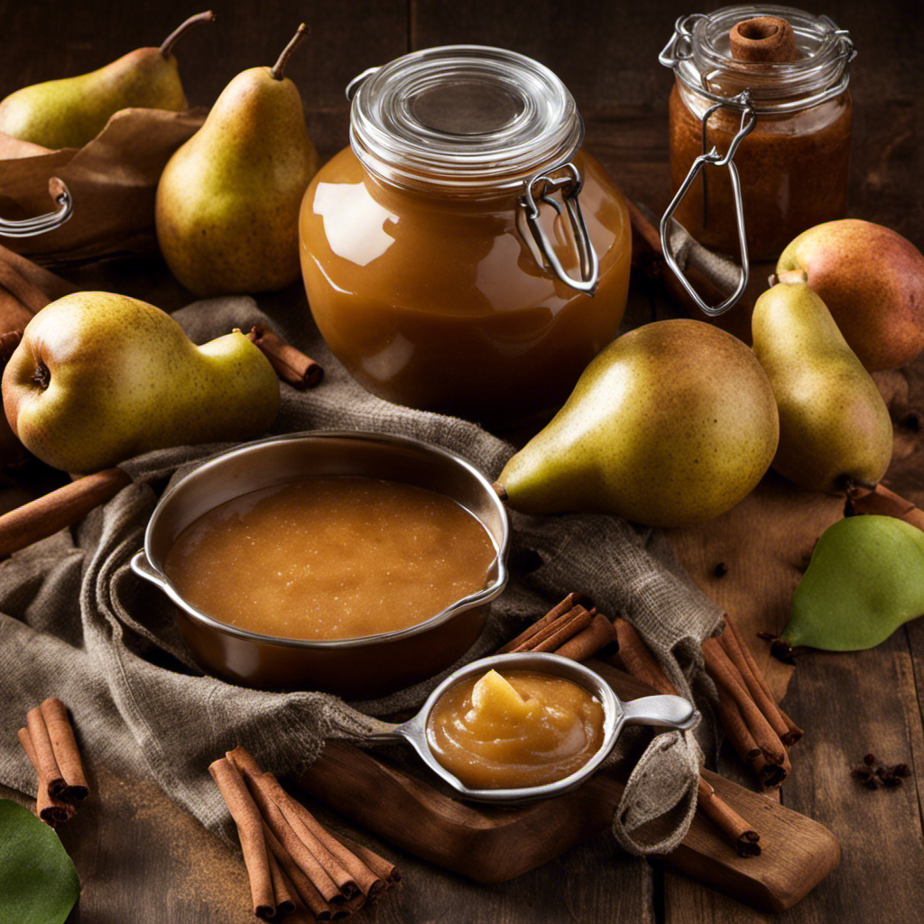 An image that showcases the step-by-step process of making pear butter, from peeling and coring ripe pears to simmering them in a pot with cinnamon sticks, capturing the rich aroma and golden color