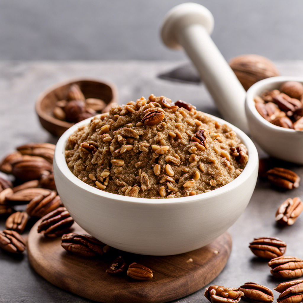 An image showing a close-up shot of a mortar and pestle, with roasted pecans inside