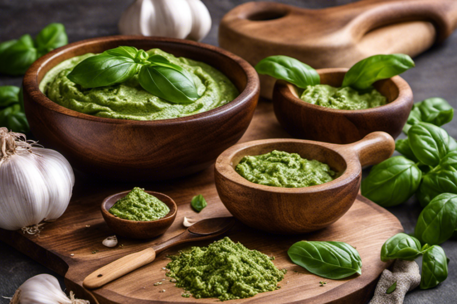 An image showcasing a rustic wooden cutting board adorned with vibrant green basil leaves alongside a bowl of creamy homemade pesto butter, surrounded by freshly picked garlic cloves and a mortar and pestle