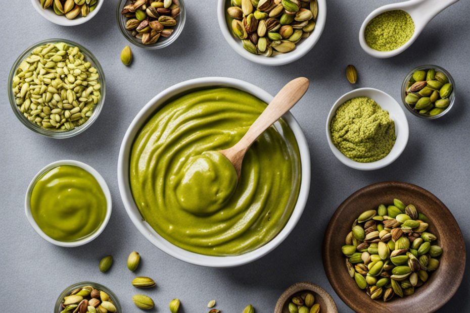 An image showcasing the step-by-step process of making pistachio butter: a bowl filled with roasted pistachios, a food processor whirling them into a creamy consistency, and a jar filled with smooth homemade pistachio butter