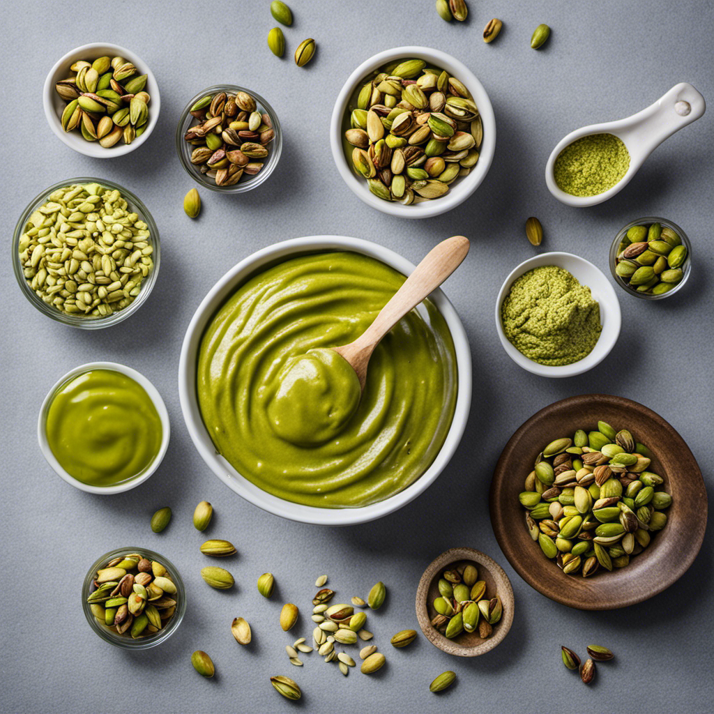 An image showcasing the step-by-step process of making pistachio butter: a bowl filled with roasted pistachios, a food processor whirling them into a creamy consistency, and a jar filled with smooth homemade pistachio butter