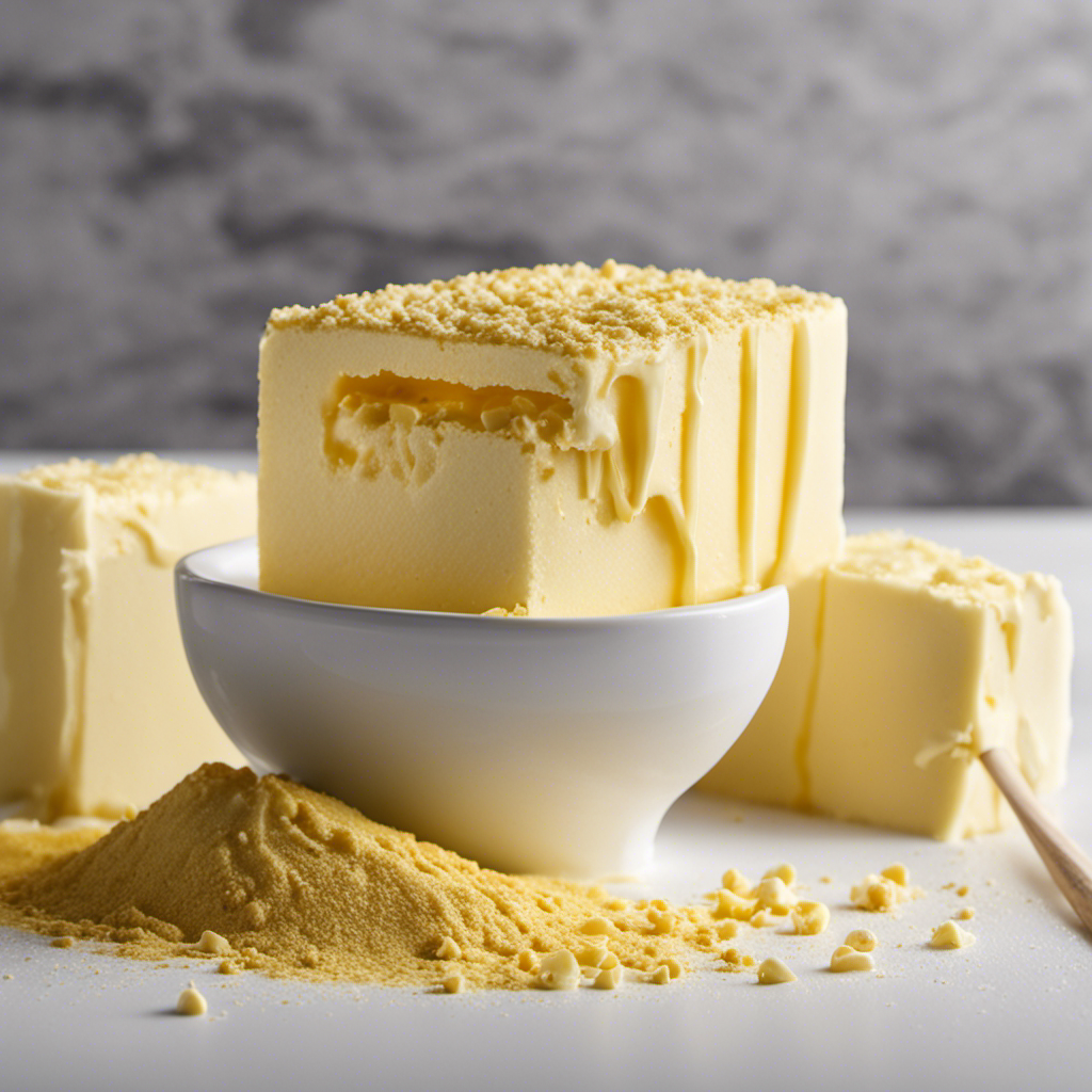 An image showcasing the process of making powdered butter: a golden stick of butter melting into a creamy liquid, which is then transformed into a fine, pale yellow powder, ready to sprinkle onto delicious treats