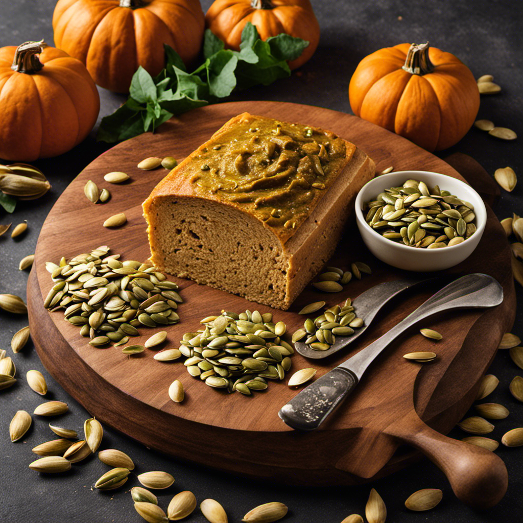 An image of a wooden cutting board with fresh roasted pumpkin seeds scattered around, a mortar and pestle, and a jar of creamy pumpkin seed butter being spread on a slice of bread