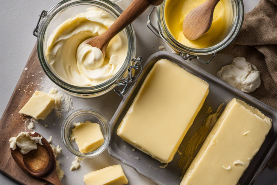 An image showcasing the step-by-step process of making raw butter: hands gently churning fresh cream in a glass jar, milk solids separating from golden liquid, and finally, rich homemade butter emerging