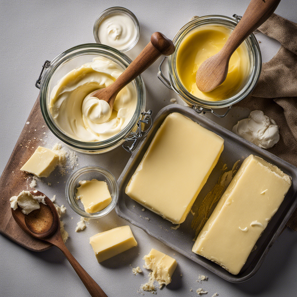An image showcasing the step-by-step process of making raw butter: hands gently churning fresh cream in a glass jar, milk solids separating from golden liquid, and finally, rich homemade butter emerging