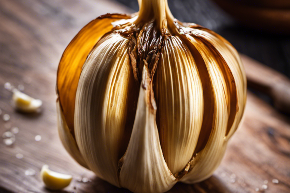 An image showcasing a close-up shot of a golden-brown roasted garlic bulb, sitting on a rustic wooden cutting board