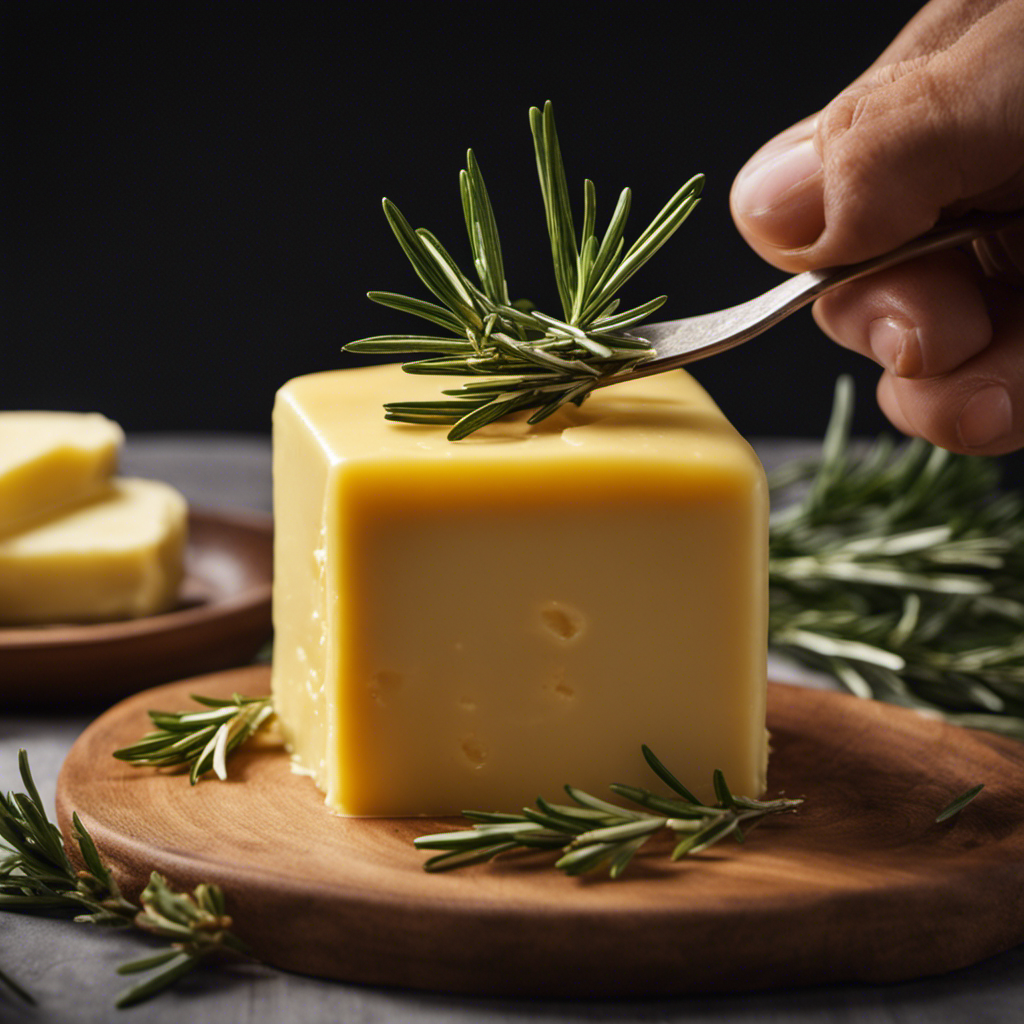 An image showcasing a close-up shot of a golden stick of butter being infused with aromatic rosemary sprigs
