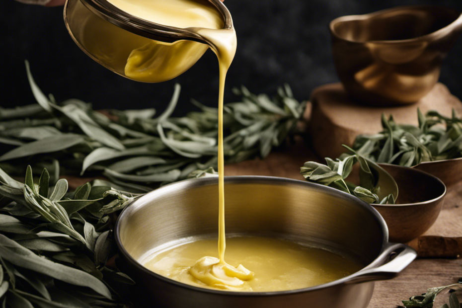 An image showcasing the art of making sage butter: a hand gracefully pouring melted butter over fresh sage leaves in a golden-hued skillet, as fragrant swirls of steam fill the air