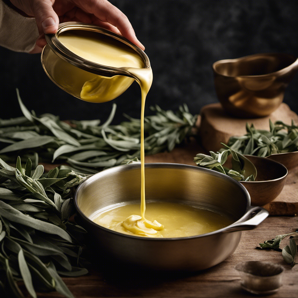 An image showcasing the art of making sage butter: a hand gracefully pouring melted butter over fresh sage leaves in a golden-hued skillet, as fragrant swirls of steam fill the air