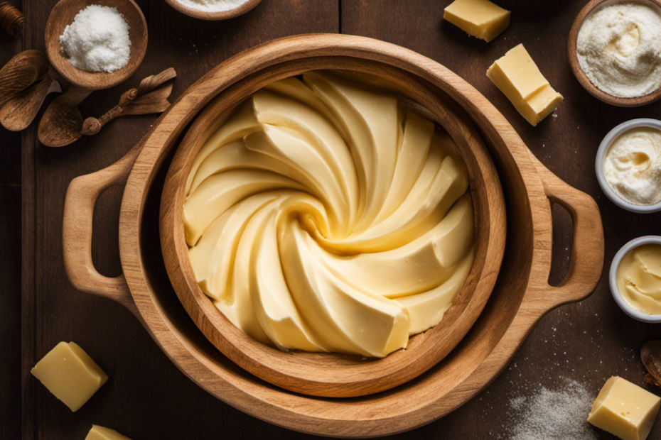 An image showcasing the step-by-step process of making salted butter: a churn filled with creamy fresh milk, hands expertly swirling the mixture, and finally, golden butter forming in a wooden mold