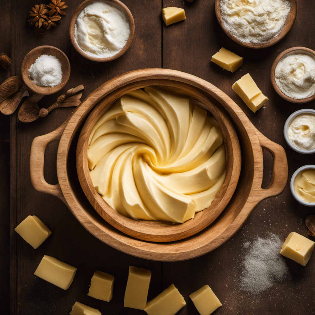 An image showcasing the step-by-step process of making salted butter: a churn filled with creamy fresh milk, hands expertly swirling the mixture, and finally, golden butter forming in a wooden mold