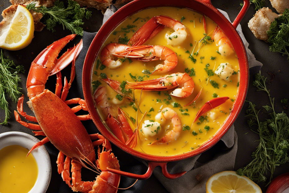 An image showcasing the step-by-step process of making seafood butter: a simmering pot of melted butter infused with vibrant red lobster shells, aromatic herbs, and a medley of fresh seafood, all blending together into a rich, golden concoction