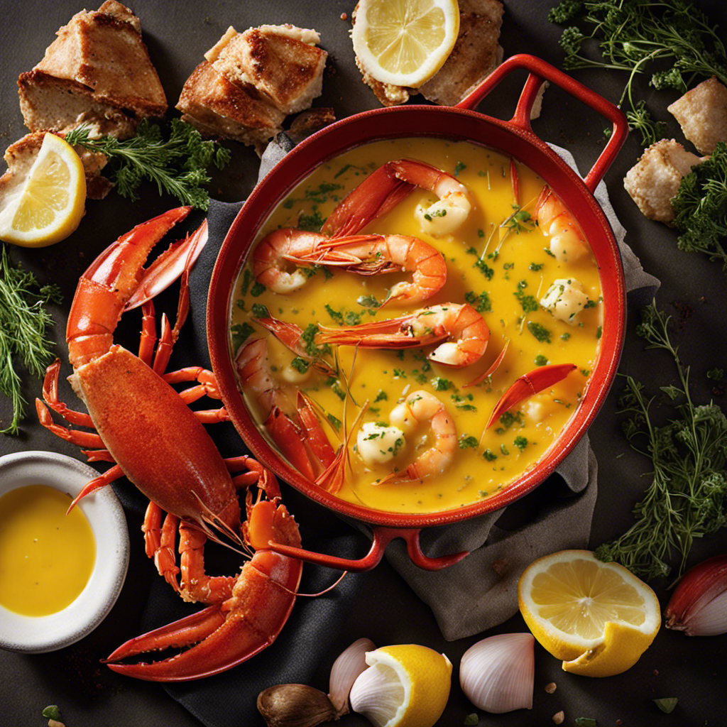 An image showcasing the step-by-step process of making seafood butter: a simmering pot of melted butter infused with vibrant red lobster shells, aromatic herbs, and a medley of fresh seafood, all blending together into a rich, golden concoction