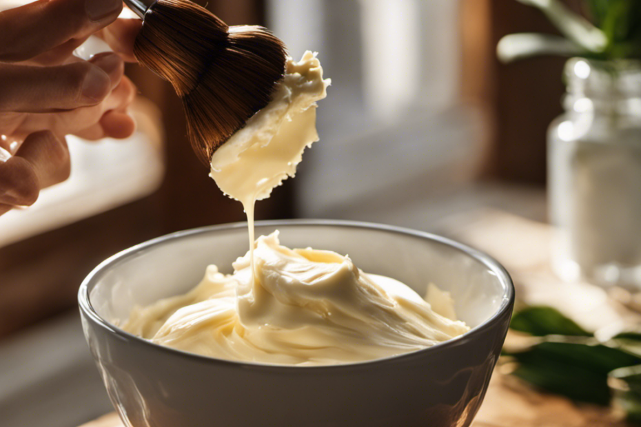 An image showcasing the step-by-step process of making shave butter: a close-up shot of a hand whisking creamy shea butter, coconut oil, and essential oils together in a glass bowl, with sunlight streaming through the window