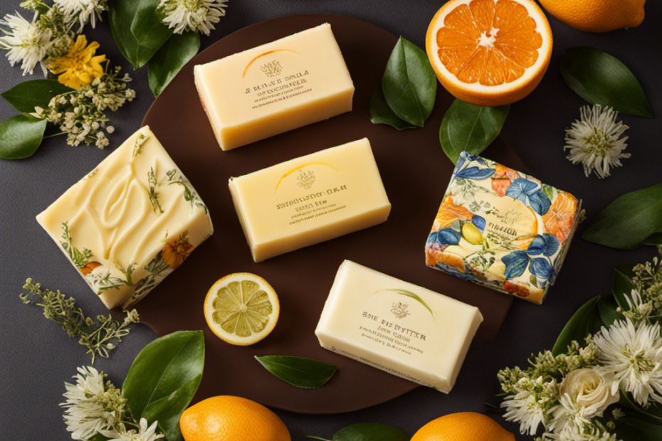 An image showcasing a shea butter bar surrounded by fragrant flowers, citrus fruits, and aromatic herbs