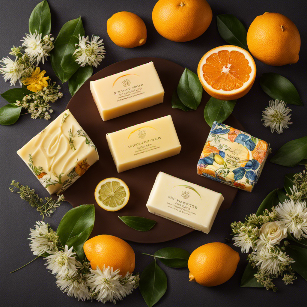 An image showcasing a shea butter bar surrounded by fragrant flowers, citrus fruits, and aromatic herbs